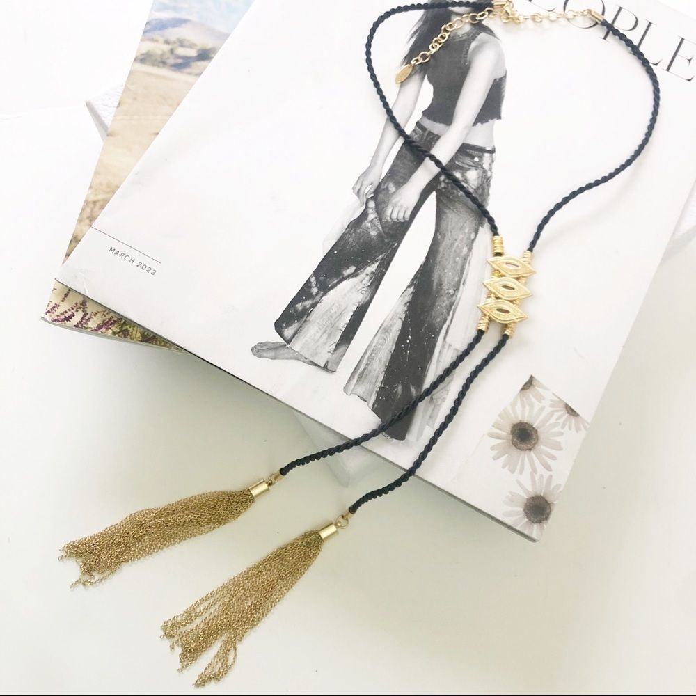 Ettika x Revolve Black Rope Cord 18K Gold Plated Chain Tassel Lariat Necklace OS